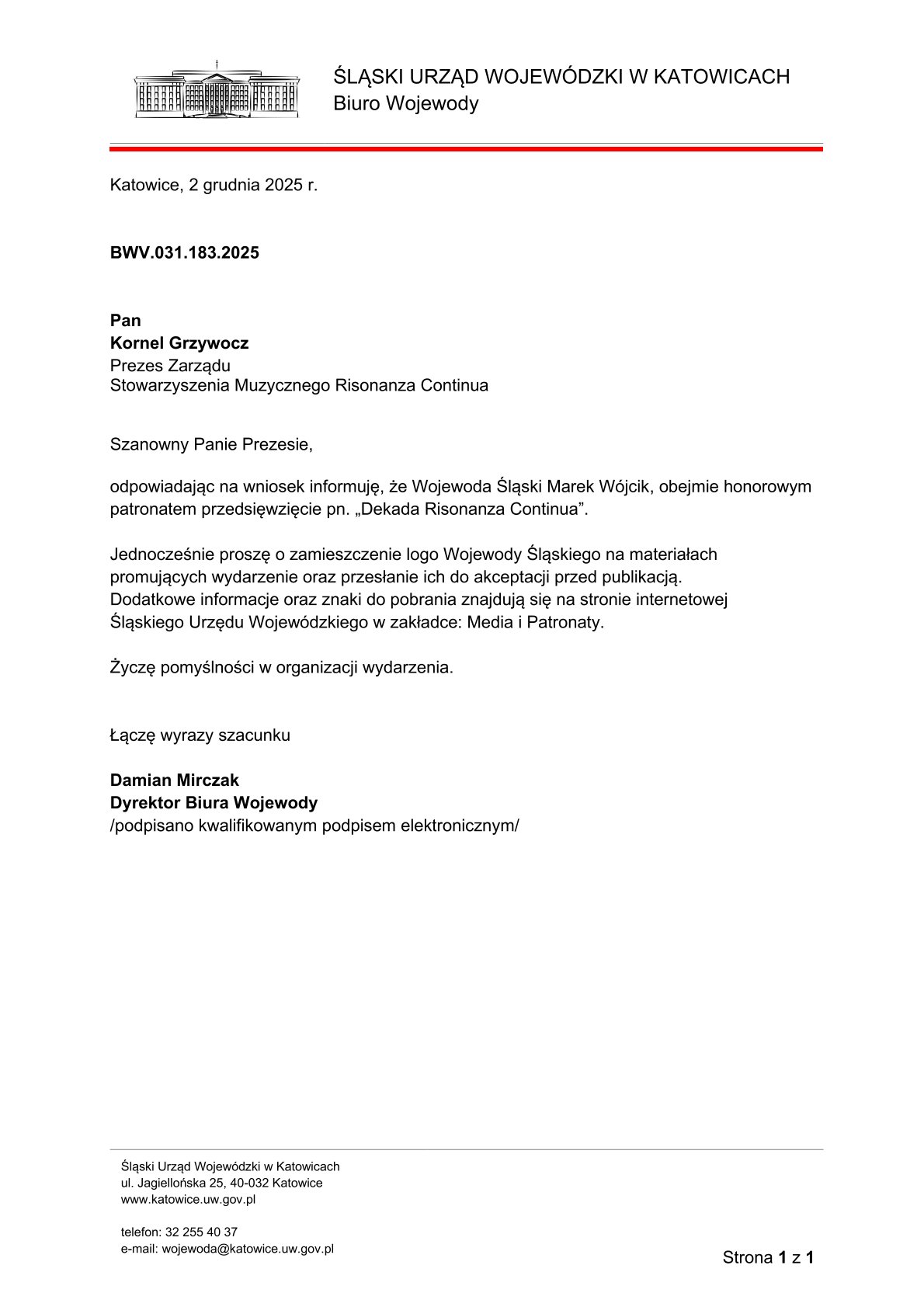 DekadaRC_Patronat Honorowy Wojewody_BWV.031.183.2025 Dekada Risonanza odpowiedź na wniosek o udzielenie honorowego patronatu Wojewody Śląskiego